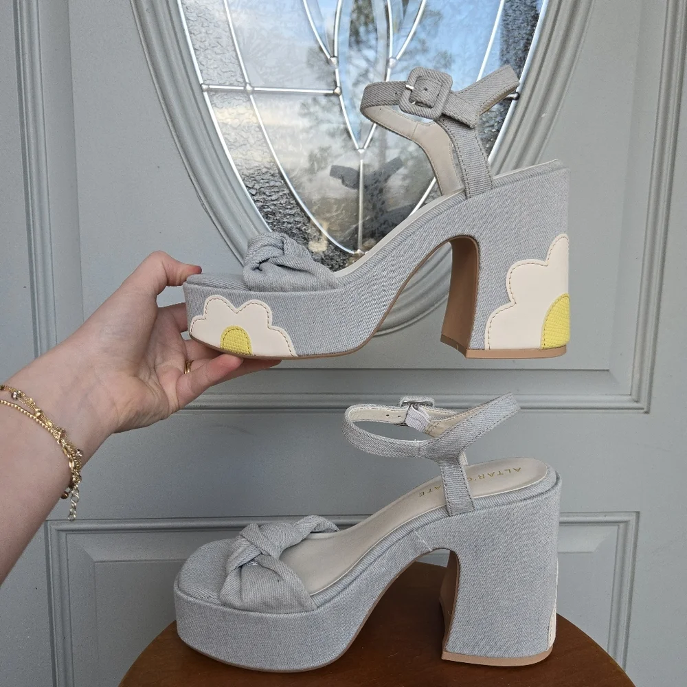 Light Blue Denim Platform Sandals with Yellow Daisy Accent